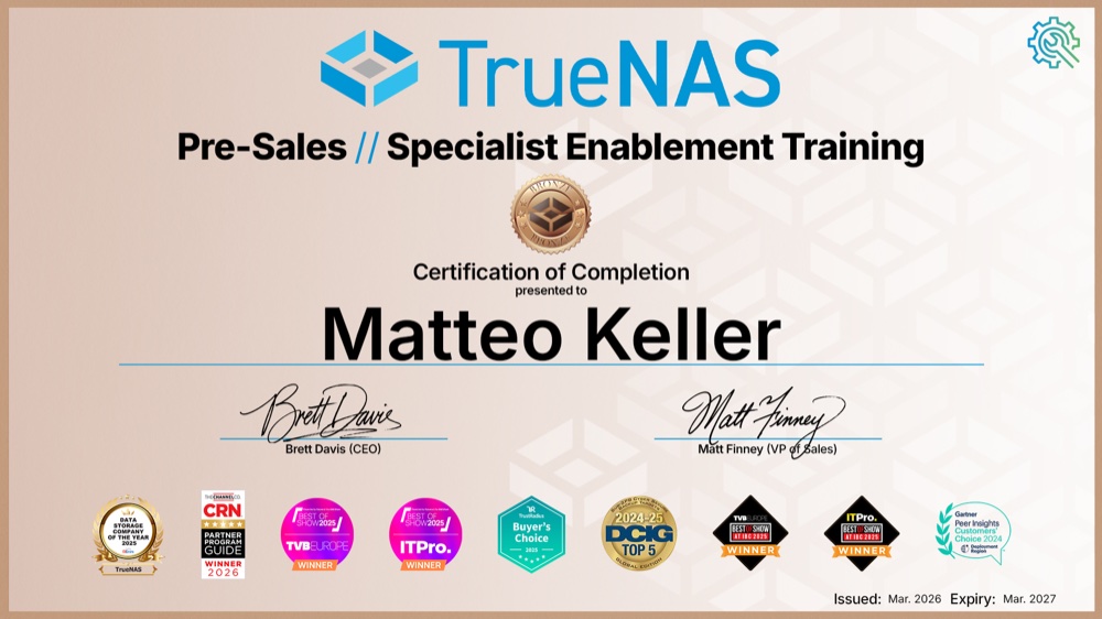 Zertifikat: TrueNAS Pre-Sales Specialist Enablement Training, ausgestellt auf Matteo Keller