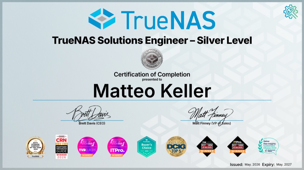 Zertifikat: TrueNAS Solutions Engineer – Silver Level, ausgestellt auf Matteo Keller